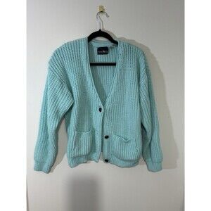 Hunters Run Chunky Knit Cardigan Sweater Light Blue Acrylic V-Neck Button L